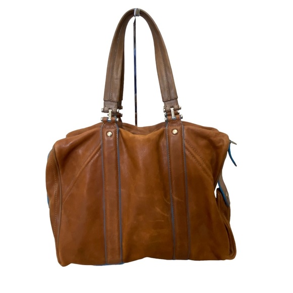 Olivia Harris tan leather tote shoulder bag subtle blue trim - Picture 1 of 12